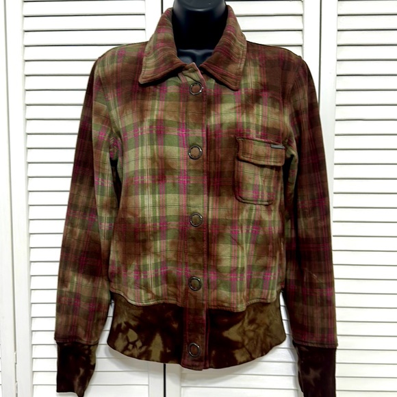 Roxy Med Multi Color Plaid & Tie Dye Ribbed Waist and Cuffs Sweater Jacket - Picture 1 of 14